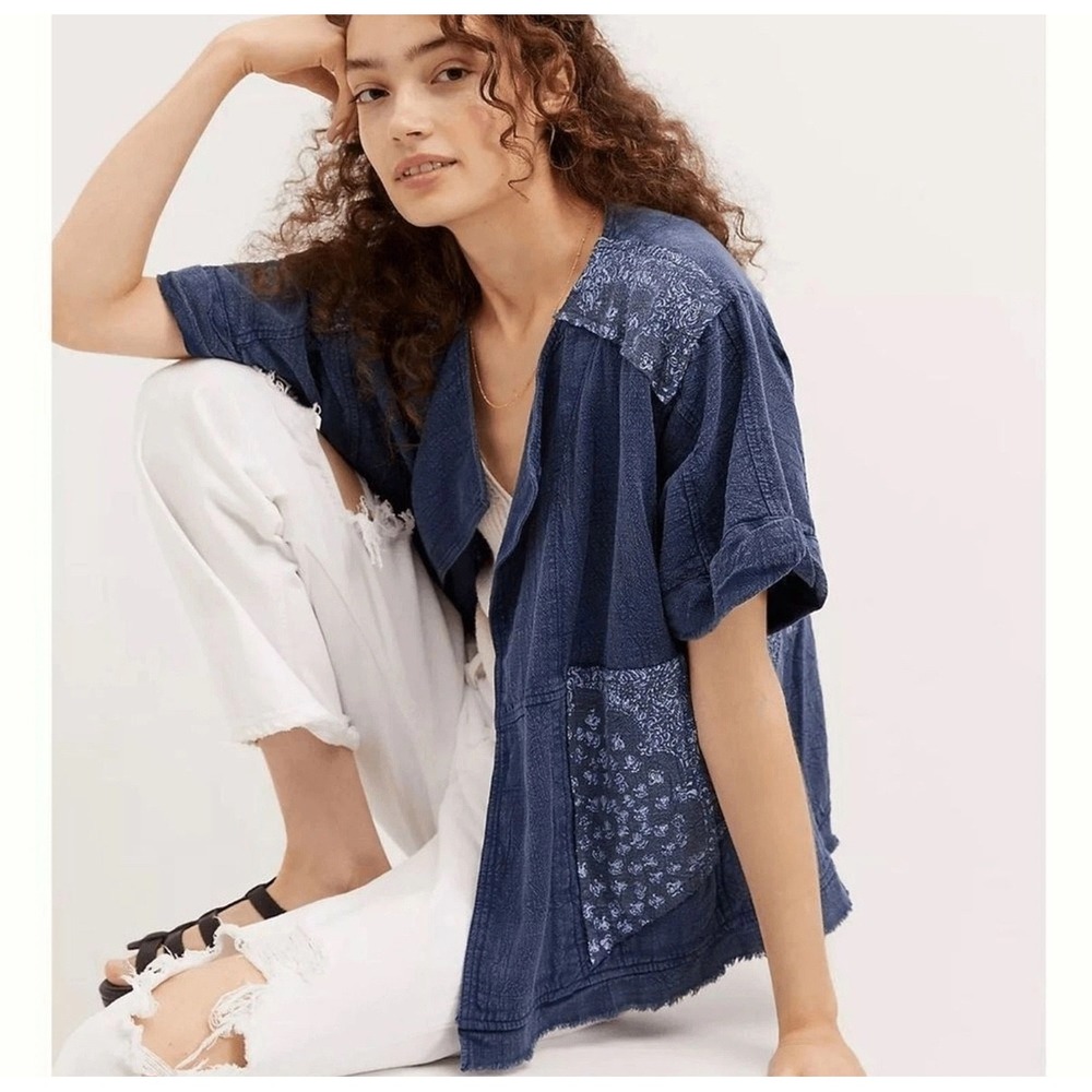 Pilcro Top S Indigo Blue Patchwork Floral Kimono Boho Lagenlook Peasant Coastal